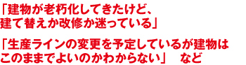 「建物が老朽化してきたけど、建て替えか改修か迷っている」「生産ラインの変更を予定しているが建物はこのままでよいのかわからない」　など